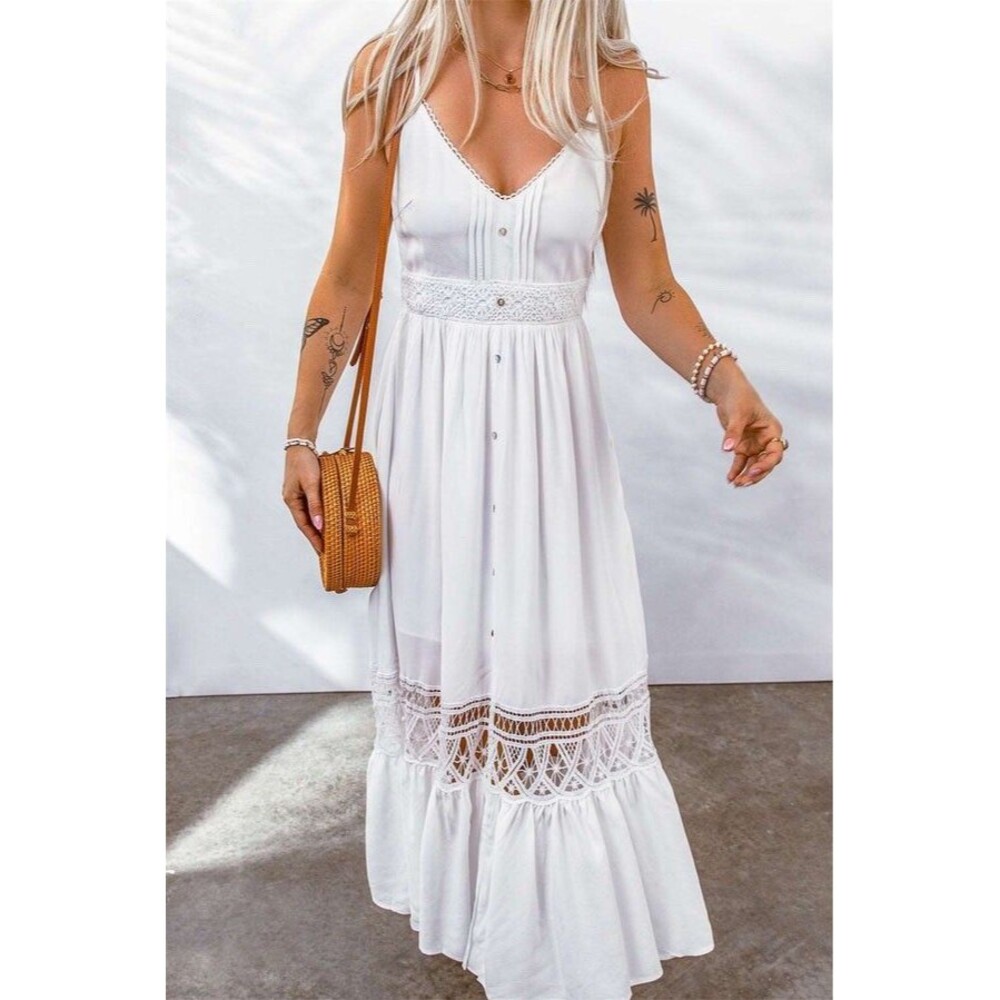Bohemian Crochet Lace Trim Tiered Summer Maxi Dress White CottageCore Wedding